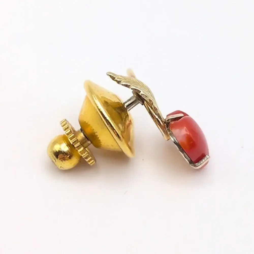 Vintage Krementz Mini Tiny Lapel Pin Red Coral Heart Leaf Cherry Gold Tone